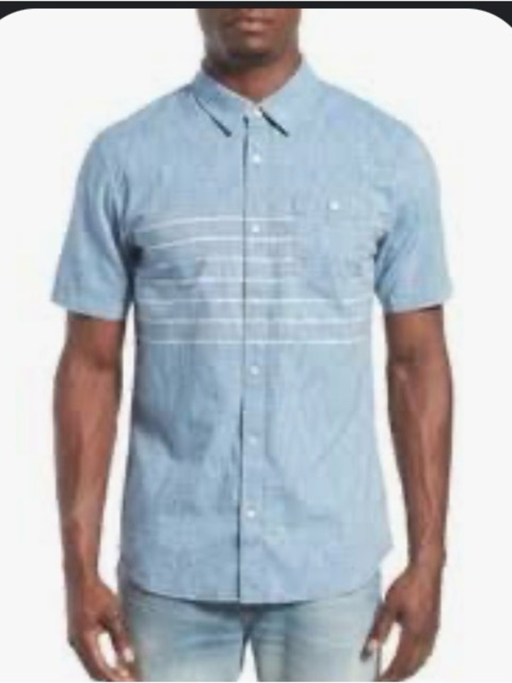 VANS OFF THE WALL Button Down light blue shirt with strips and front pocket. Lg.